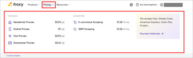 pricing section