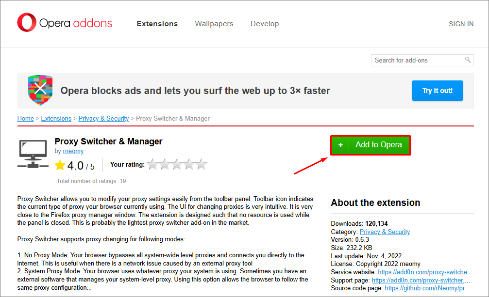 add to opera proxy switcher & manager extension