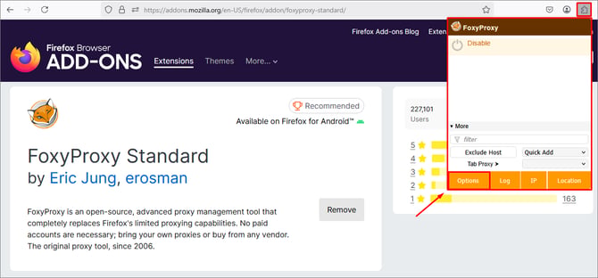 in mozilla firefox browser click select the foxyproxy extension